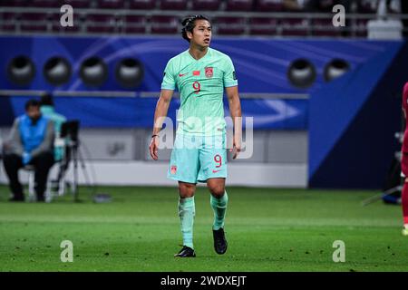 Doha, Katar, 22. Januar 2024, AFC Asian Cup Katar 2023 Gruppe A - China 0:1 Katar, mit einem Tor von Hasaan Al Heidos, unterstützt von Akram Afif, besiegte Katar China mit der kleinsten Marge und holte sich den ersten Platz in der Gruppe A, China scheiterte aus. Quelle: Runbang Zhu/Alamy Live News Stockfoto