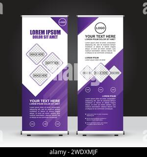 Lila Farbkombination Theme Roll Up Banner Vorlage, Standbanner Design, Werbung, Flyer und Display. Vektorkonstruktion. Stock Vektor