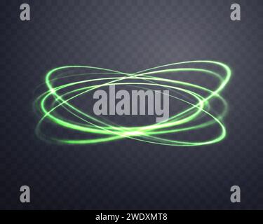 Leuchtend grüne magische Ringe. Neon-realistischer Energiesprall. Abstrakter Lichteffekt auf dunklem transparentem Hintergrund. Vektorabbildung. Stock Vektor