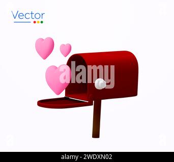 3D gerendertes Liebesbriefkasten-Symbol, mit niedlichen fliegenden Herzen, Minimal- und Zeichentrickstil, isoliert auf weißem Hintergrund. Liebesbrief, Liebes-E-Mail-Symbol. 3D-Vektordarstellung. Vektorabbildung Stock Vektor