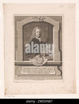 Porträt van Christoph Jacob Trew, Gottfried August Gründler, 1756 Drucksaal auf dem Saale-Papier mit historischen Personen. Waffenlager, Heraldik. rocaille-Ornament. Buch. Früchte: Nüsse. Blumen. Botanik Stockfoto