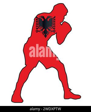Silhouette eines schweren Boxers im Umriss über der Nationalflagge Albaniens Stock Vektor