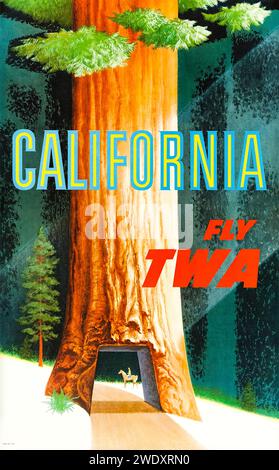 „California – Fly TWA“ von Trans World Airlines 1954 Tourism Poster mit dem Wawona Tunnel Tree im Yosemite National Park, einem riesigen Mammutbaum, der 1969 gefallen ist. Kunstwerk von David Klein (1918-2005). Kredit: Privatsammlung / AF Fotografie Stockfoto