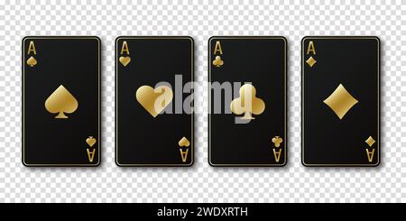 Goldene Herzen, Pik, Diamanten, Vereinskarten. Schwarze Asse Spielkartenanzüge Set. Poker oder Casino, Spielkonzept. Eine gewinnende Pokerhand. Templat Stock Vektor