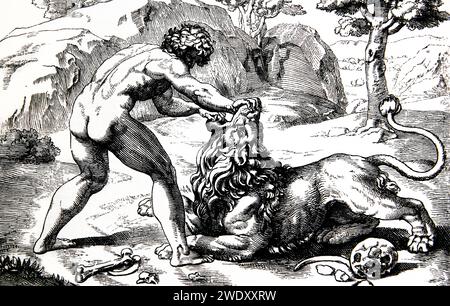 Illustration von Samson, der das Löwenbuch der Richter tötet, aus der illustrierten Familienbibel Stockfoto