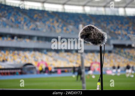 Directional microphone on the football field to record the sound of the match Stockfoto