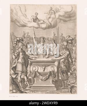 König mit vier Männern um einen Altar, wo ein Feuer brennt, Pierre Lombard, 1654 Druck unten ist eine mögliche Erwähnung einer Seite: AE. 12.L.25C. Londoner Altar aus Papiergravur. Offenes Feuer (im Allgemeinen). (Geschichte von) Juno (Hera) Stockfoto