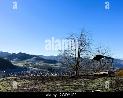 Ein malerischer Blick zeigt einen einsamen Baum mit einer bezaubernden Scheune auf einem fernen Hügel mit Blick auf eine malerische Stadt Stockfoto