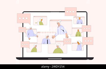Online-Community für Senioren. Ältere Männer und Frauen unterhalten sich online. Alte Freunde, die in Kontakt bleiben. Das Leben im Ruhestand in der Gemeinschaft. Vektor flach Stock Vektor