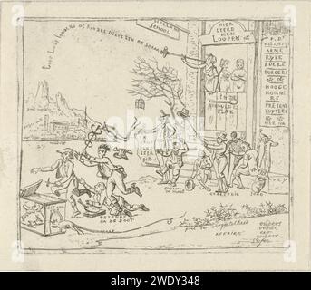 Haus mit Schild: Hollandse School, Hermanus Fock, 1813 Print Cartoon über die Wehrpflicht der niederländischen Bauernsöhne für die französische Armee. Für ein Haus mit Schild: Hollandse School haben alte und verkrüppelte Männer und Kinder versammelt. Eine Frau warnt vor Kinderdieben. Die geeigneten jungen Männer fliehen für die Wehrpflicht der französischen Armee. Amsterdamer Rekrutierer für Papierätzung, Crimp. Lose zeichnen  Anmeldung. Rekrutierung Stockfoto