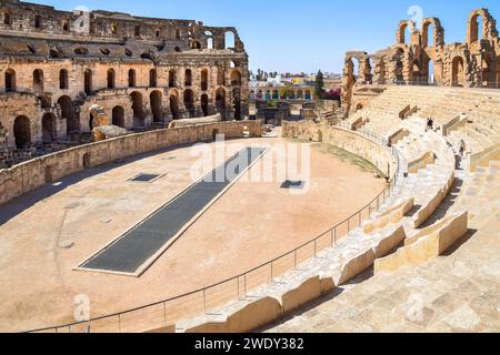 Er ruiniert das antike römische Amphitheater in El-Jem. Das größte kolosseum Nordafrikas, Tunesien. Stockfoto