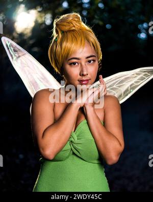 Schöne Glückliche Asiatische Frau Tinkerbell Kostüm Woods Moody Back Beleuchtung Stockfoto