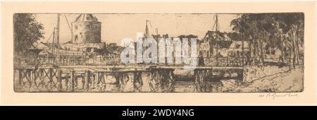 De Oude Haven Enkhuizen, Willem Adrianus Grondhout, 1888 - 1931 drucken Sie den alten Hafen von Enkhuizen mit der Lie-Brücke und verankerten Schiffen. Links im Hintergrund die Drommedaris, das südliche Eingangstor der Stadt. Das Stadtbild auf dem Druck ist eine spiegelbildliche Darstellung der Realität. Papierhafen. Kanäle, Gewässer (in der Stadt) Enkhuizen Stockfoto