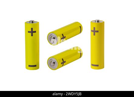 Zusammensetzung der AA-Batterien. Gelbe Zylinder isoliert auf weiß Stockfoto