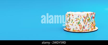 Bento Geburtstagskuchen auf blauem Banner Hintergrund. Kleines Dessert mit farbenfroher Zuckerdekoration Stockfoto