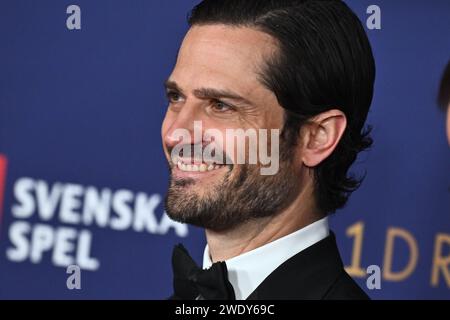 STOCKHOLM, SCHWEDEN 20240122 Prinz Carl Philip kommt auf dem roten Teppich zur jährlichen Sportgala 2024 in der Friends Arena. Foto: Claudio Bresciani / TT Stockfoto