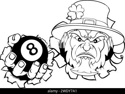 Leprechaun Pool 8 Ball Billard Maskottchen Cartoon Stock Vektor