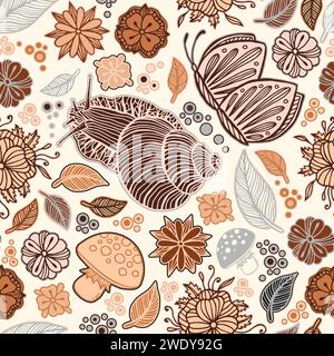 Handgezeichnete Schnecken Blätter und Blumen Stock Vektor