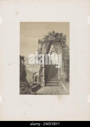 Ruin van Borobudur, Adrianus Johannes Bik, 1809 - 1872 Druckruine des Borobudur-Heiligtums in Jogyakarta. Ein paar Figuren laufen zwischen den Ruinen. Im Zentrum befindet sich eine Treppe, die mit einem spitzen Bogen bedeckt ist. Auf der linken Seite wird ein Adliger von einem Diener vor der Sonne mit einem Sonnenschirm beschützt. Der Tempel ist abgelaufen und teilweise mit Pflanzen bewachsen. Die Haager Papierruine eines Gebäudes  Architektur. Tempel, Schrein  Hinduismus, Buddhismus, Jainismus. Sonnenschirm, Sonnenschirm Borobudur Stockfoto