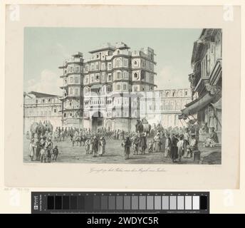 Blick auf den Rajwada Palast in Indore, A. Viejou, 1847 - 1865 Printleute und Elefanten stehen auf dem Platz vor dem Rajwada Palast. Der Haager Papierpalast Indore Stockfoto