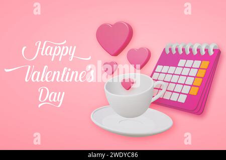 Eine Tasse Kaffee mit Herzen. Valentinstag Vektor romantisches Banner mit Heißgetränk und Liebessymbolen. 3D-Vektor-Illustration für kreative Ideen und Stock Vektor