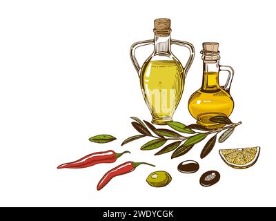 Zusammensetzung einer Flasche mit Öl, heißem Pfeffer, Zitronenscheibe, Olivenzweig, Oliven. Isoliert auf weißem Hintergrund. Stock Vektor