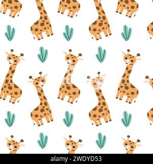 Cartoon-Tiere Giraffe und Gras auf weißem Hintergrund. Vektorabbildung Stock Vektor