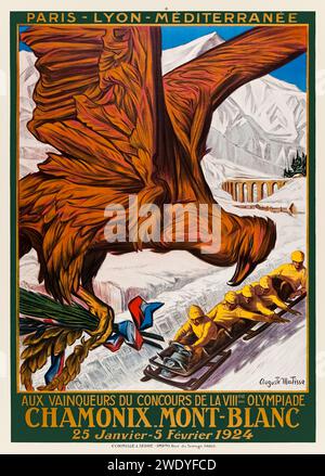 „Aux Vainqueurs du Concours de la VIII Olympiade Chamonix, Mont-Blanc 25. Januar – 5. Februar 1924“ [„an die Gewinner des Wettbewerbs der VIII Olympiade Chamonix, Mont Blanc 25. Januar – 5. Februar 1924] Poster mit einem Adler, der einen Kranz und Olivenzweige hält, die mit französischer Flagge gebunden sind, über einem Bobteam mit dem Berg und der Eisenbahnbrücke im Hintergrund. Kunstwerk von Auguste Matisse (1866–1931) für die Eisenbahn Paris Lyon Mediteranée Company (PLM). Stockfoto