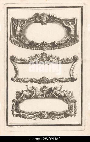 Drei Rahmen mit Figuren, Johann Christoph Hafner (möglich), 1673 - 1724 drucken drei ornamentierte Rahmen. Oben mit zwei Halbfiguren links und rechts, die ein Tuch stoppen. In der Mitte mit zwei Putten auf beiden Seiten eines gekrönten Wappens. Mit zwei Engeln mit Trompete und einem Löwenkopf. Augsburger Papierätzung / Gravur Ornamente  Kunst (+ Rahmendekorationen). Cupiden: 'amores', 'amoretti', 'Putti'. Engel. Raubtiere, Raubtiere: Löwe Stockfoto