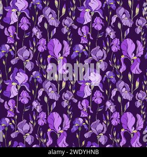 Nahtloses Muster von stilisierten Irisblumen auf einem lila Hintergrund. Geeignet für den Druck auf Stoff für Damenbekleidung, Seidenschals, Stolen, Poster Stockfoto