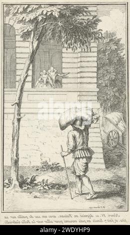 Hendrik IV. Besucht seine Geliebte, Bernard Picart (Werkstatt), 1731 Druckschrift Hendrik IV., König von Frankreich, verkleidet als Bauer, besucht seine Geliebte Gabrielle d’Estrées. Sie wartet mit ihrer Dame auf ihn. Am Rand eine wechselseitige Beschriftung in französischer Sprache im Spiegelbild. Amsterdamer Papierkopfpalast. Umwerben Stockfoto