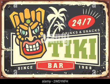 Tiki Bar Inschrift Schild Design mit einheimischer Tiki Maske und Palmen. Vektorplakat der tropischen Strandbar. Retro-Schild. Stock Vektor