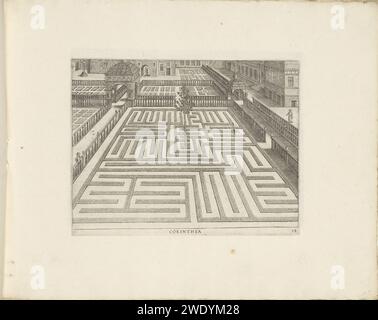 Garten mit rechteckigem Erdgeschoss und Baum, anonym, nach Hans Vredeman de Vries, ca. 1635 - ca. 1640 Druck im Vordergrund steht ein hoher Baum in der Mitte eines rechteckigen Erdgeschosses, umgeben von einer Balustrade. In der Mitte ist ein Baum. Rechts läuft eine Frau mit einem Korb. Der Garten ist nach korinthischer Bauordnung angelegt. Antwerpener Garten mit Papierätzung. Französischer oder architektonischer Garten; formeller Garten. Labyrinth, Labyrinth  Garten Stockfoto