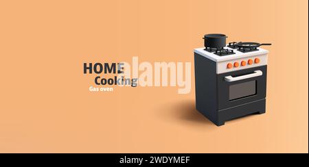 Küche Gasherd mit Ofen, 3D-Rendering detaillierte Vektor-Illustration, mit einer Pfanne und einem Topf auf einem Gasheizgerät, isoliert Stock Vektor