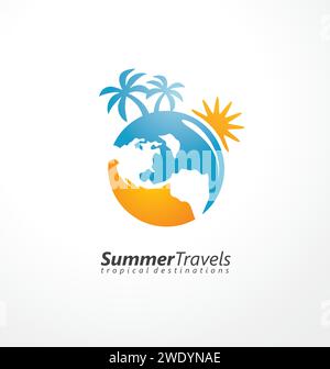 Logo-Design-Konzept für Reisebüros mit Erdkugel, Palmen und Sonnenform. Abgerundetes Logo für tropische Sommerziele. Vektorsymbol. Stock Vektor