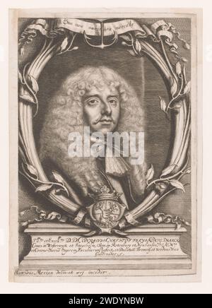 Porträt van Kurt Christoph von Königsmarck, Matthäus Merian (II), 1631 - 1687 Druckpapierstich historischer Personen. Rüstung. Waffenlager, Heraldik. girlande, Kranz Stockfoto