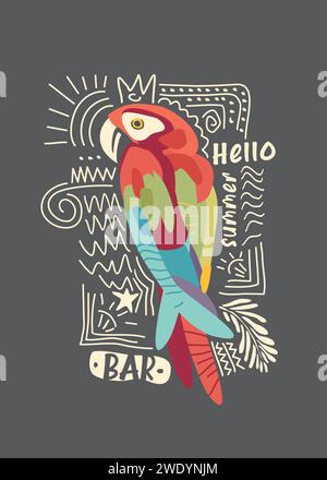 Papagei zeichnet kreative T-Shirt-Grafik mit farbenfroher Vogel. Tropische Aras, Vogel, Boho-Stil. Vektorabbildung. Stock Vektor
