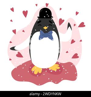 Valentinstag Vektor Illustration Pinguin in schwarzem Hut winkende Pfote auf rosa Hintergrund mit Herzen um es. Stock Vektor