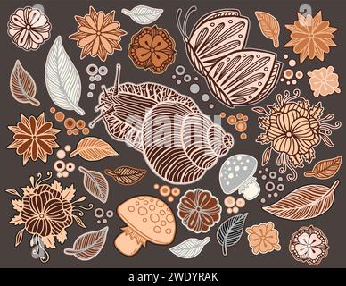 Herbstschnecken, Schmetterling, Blumen und Blätter Vektor Hand gezeichnete Linie Art Clipart Sammlung Stock Vektor