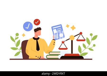 Notariatsdienst, Bewilligung und Beglaubigung von Geschäftsvertrag, Zeugnis und Diplom. Berufsanwalt am Tisch mit Papierdokument zur Genehmigung und notariellen Beurkundung der Cartoon-Vektor-Illustration Stock Vektor