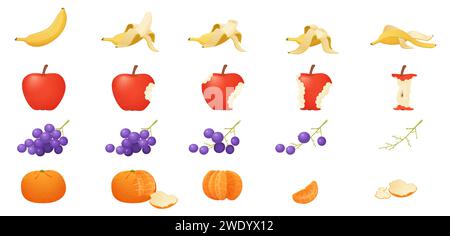 Gegessen Obst Set, Sequenzspiel Animation von gebissenem Essen. Animierte Schritte des Essens von Banane mit Schale vom Ganzen zu verschwinden, roten Apfel und Trauben auf Zweig, Mandarine Cartoon Vektor Illustration Stock Vektor