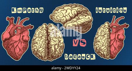 Concept Heart vs. Brain. Collage-Poster im Vintage-Design. Symbole für psychische Gesundheit und emotionales Wohlbefinden. Mind-Heart Balance handgezeichnete Grafik. Halb Stock Vektor