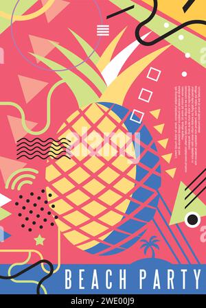 Künstlerisches Posterkonzept für Strandparty mit farbenfroher Ananas und verschiedenen Designelementen. Vektor-Party-Karte Einladungsdesign. Stock Vektor