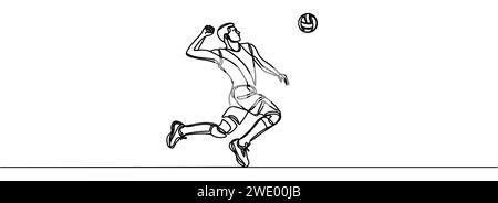 Eine durchgehende Linie zeigt einen jungen professionellen Volleyballspieler, der den Ball auf dem Spielfeld bedient Stock Vektor