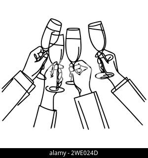 Hände halten Gläser Wein, eine Linie ist eine durchgehende Umrisse der Zeichnung Stock Vektor