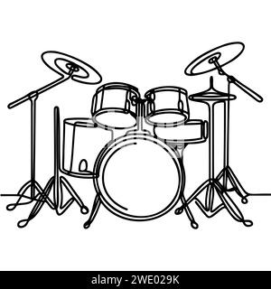 Trommelsatz in einer Zeile. Fortlaufende Linienzeichnung des Trommelsatzes. Stock Vektor