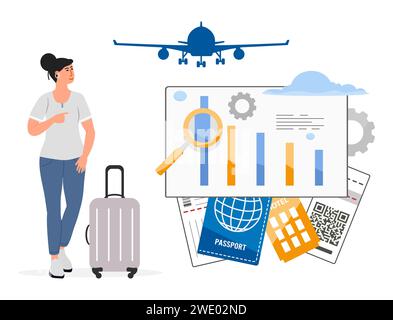 Frau mit Lupe zeigt Statistiken über den Anstieg der Verkäufe von Touren, Flugtickets, sucht nach der besten Flugoption. Vektorabbildung. Am besten Stock Vektor