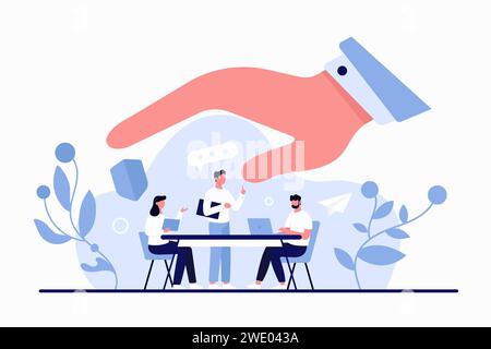Unterstützung und Unterstützung durch den Manager des Unternehmens für das Wohlbefinden der Mitarbeiter. Boss oder Arbeitgeber halten riesige Hand über winzige arbeitende Leute am Schreibtisch, um Karikaturvektorillustration zu schützen und zu pflegen Stock Vektor