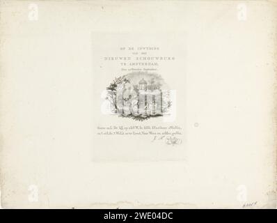 Zeitverse zur Initiation der Nieuwe Amsterdamse Schouwburg, 1774, Noah van der Meer (II), 1774–1775 drucken großes Blatt mit ovaler allegorischer Performance und zwei-Wege-Zeitverse zur Initiation der New Amsterdam Schouwburg am Leidseplein, 15. September 1774. Diese Stadsschouwburg wurde 1772 als Ersatz für das Theater an der Keizersgracht errichtet und brannte 1890 ab. In der Mitte begrüßt die Personifikation der Amsterdam Schouwburg mit einem neuen Bijenkorf einen Mann und zwei Kinder auf ihrem Schoß. Rechts von ihren beiden Putten, die ein Bild des neuen Gebäudes aufrollen. In Th Stockfoto