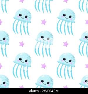 Nahtloses Muster mit Comic-Quallen und Sternen. Stock Vektor